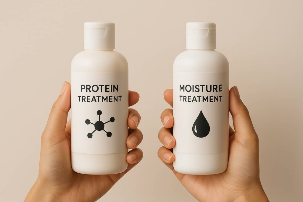 Protein Treatments vs. Moisture Masks 10 protein moisture treatment bottles hands